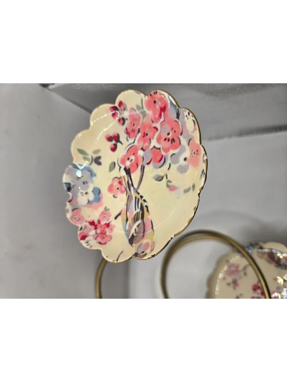 Vintage Chinoiserie 3-Tier Jewelry Dessert Vanity Stand Floral Bird Brass